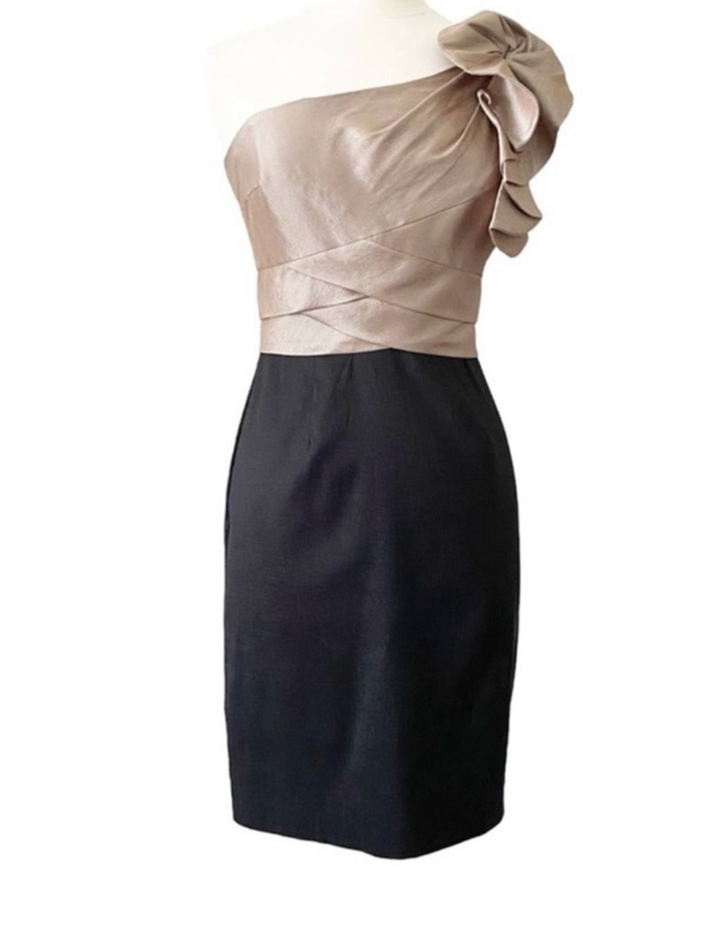 London Times One-Shoulder Taupe and Black Cocktail Dress